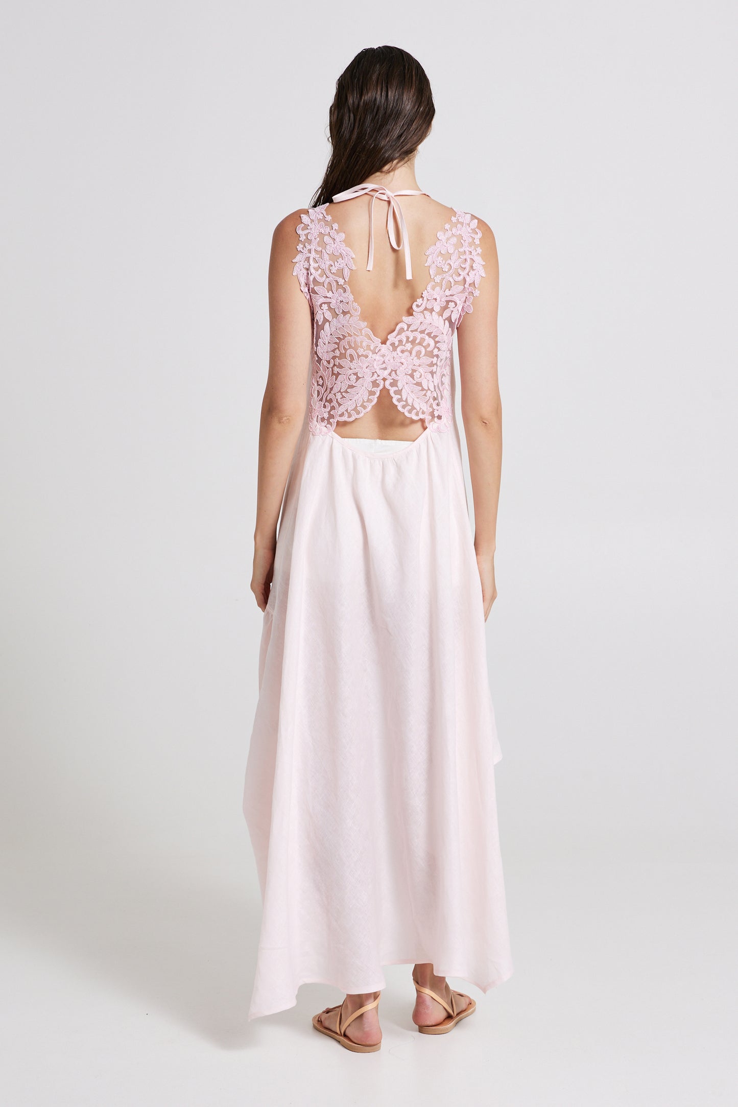 Linen Dress With Open Lace Back And Adjustable Straps
