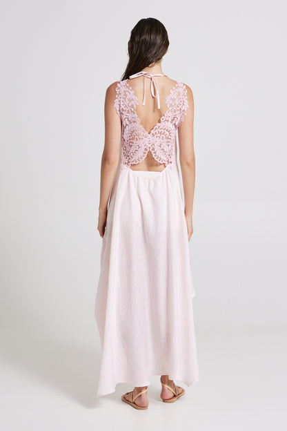 Linen Dress With Open Lace Back And Adjustable Straps