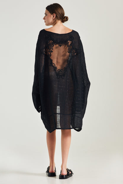 Linen Caftan With Horizontal Shinny Details And See-through Back