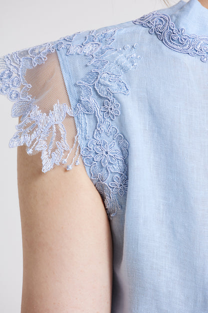 Mini Linen Dress With Front Ribbon And Lace Details