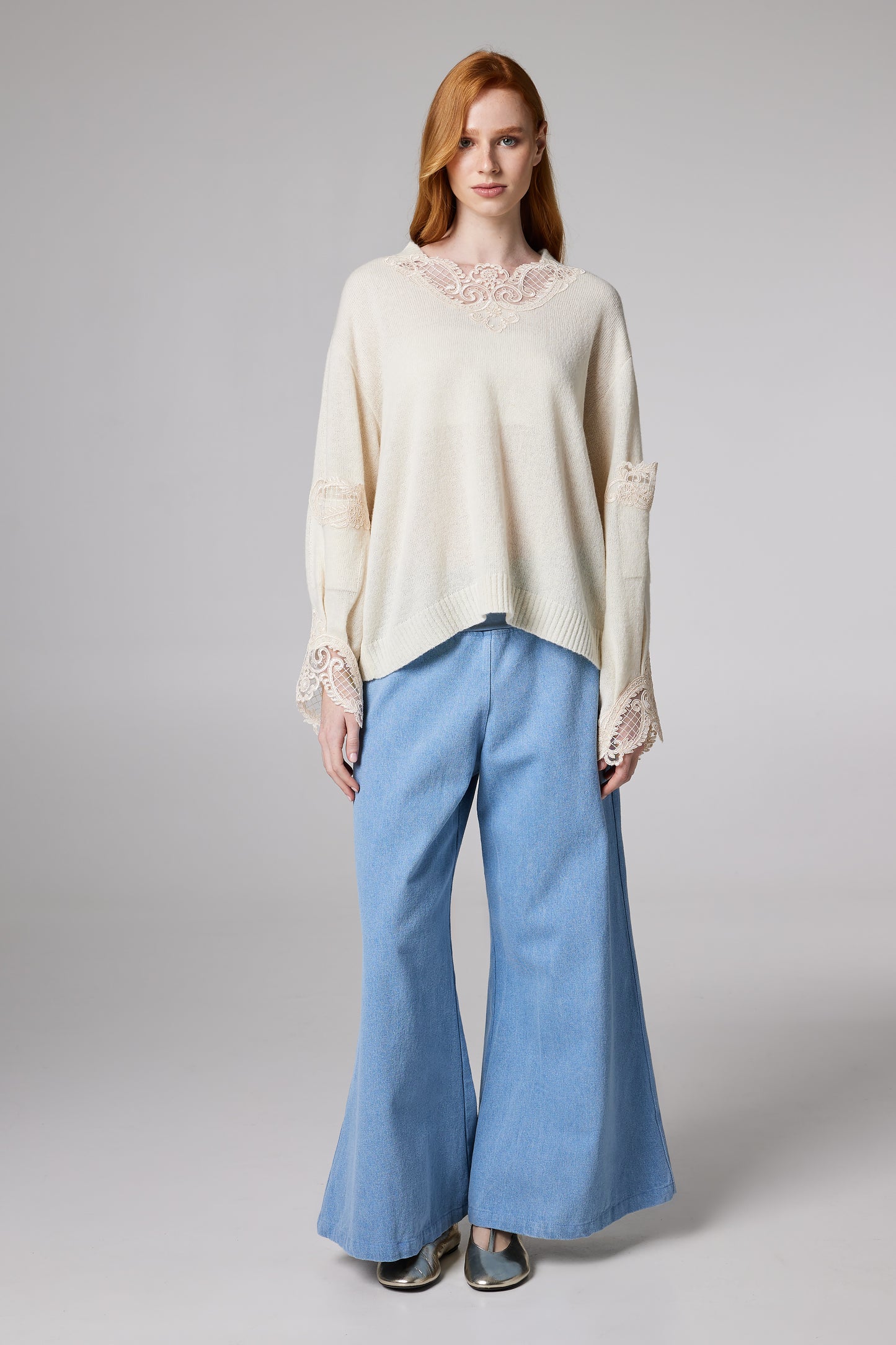 Knitwear Wool Sweater With Slit Cuffs And Lace Details