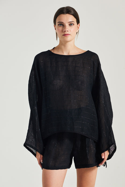 Linen Blouse With Back Ribbon And Horizontal Shinny Details