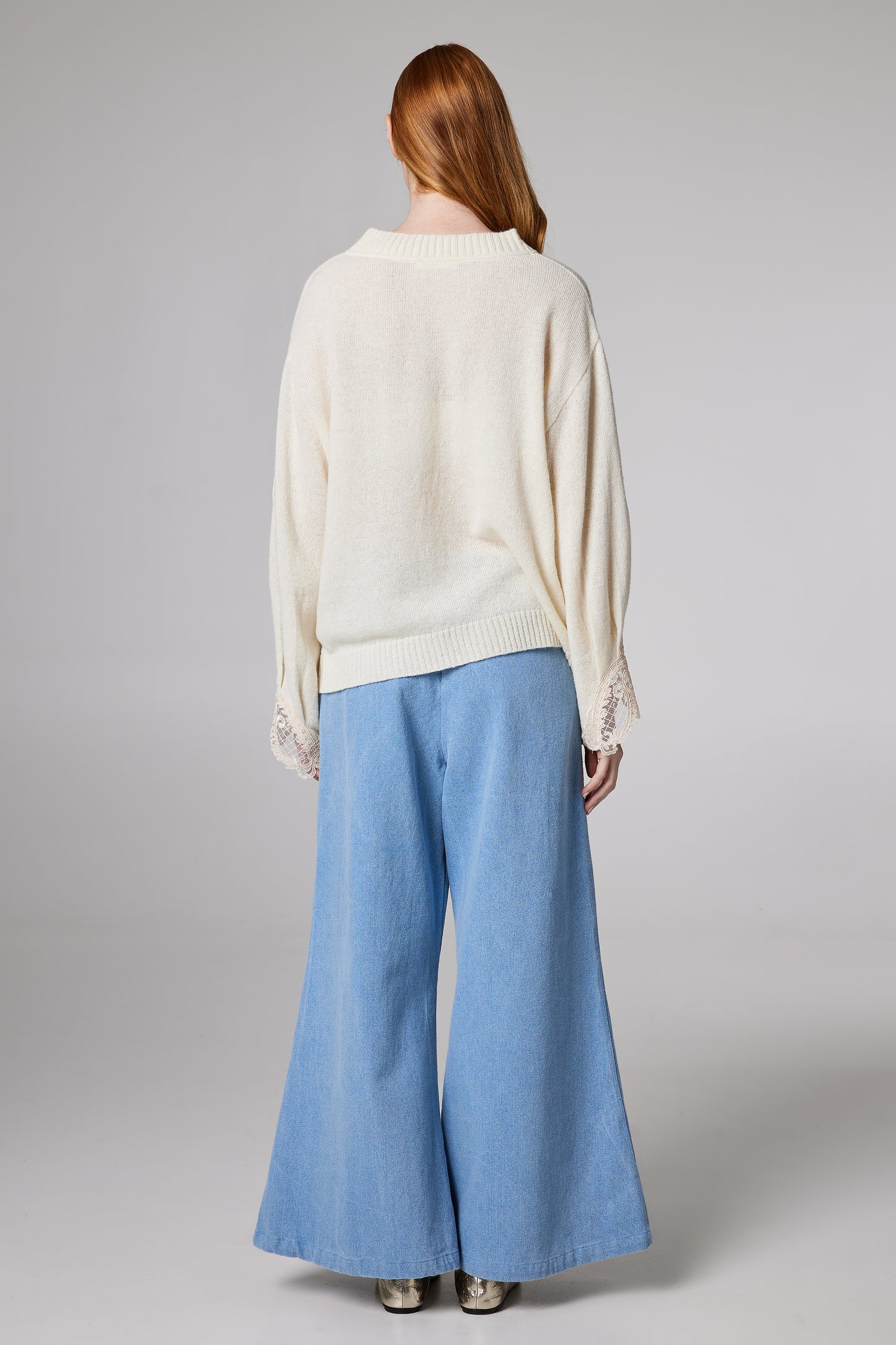 Knitwear Wool Sweater With Slit Cuffs And Lace Details