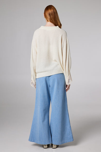 Knitwear Wool Sweater With Slit Cuffs And Lace Details
