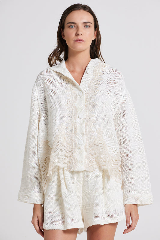 Linen And Cotton Knitwear Jacket With Hood