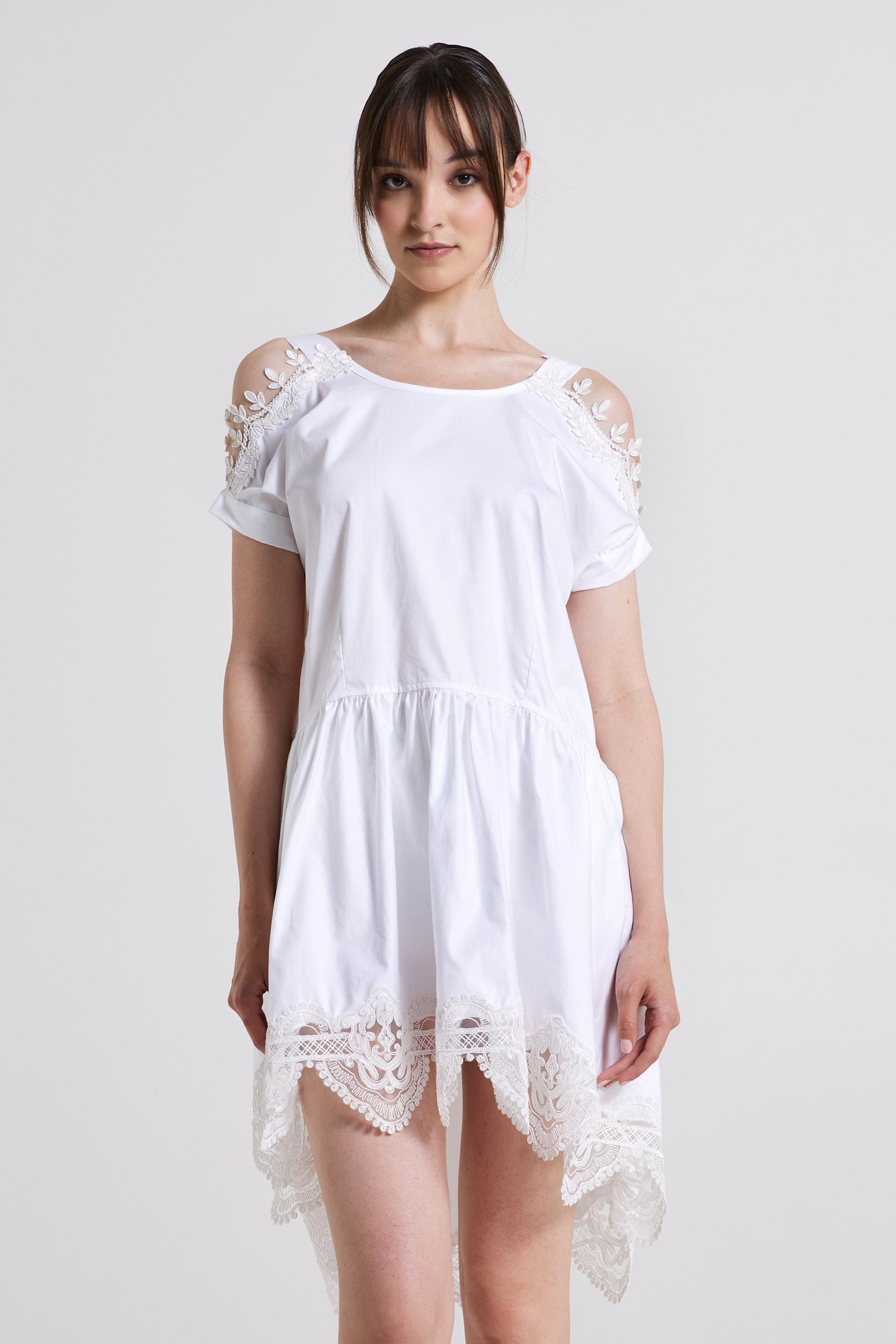 High Low Cotton Dress With Open Back And Sleeves