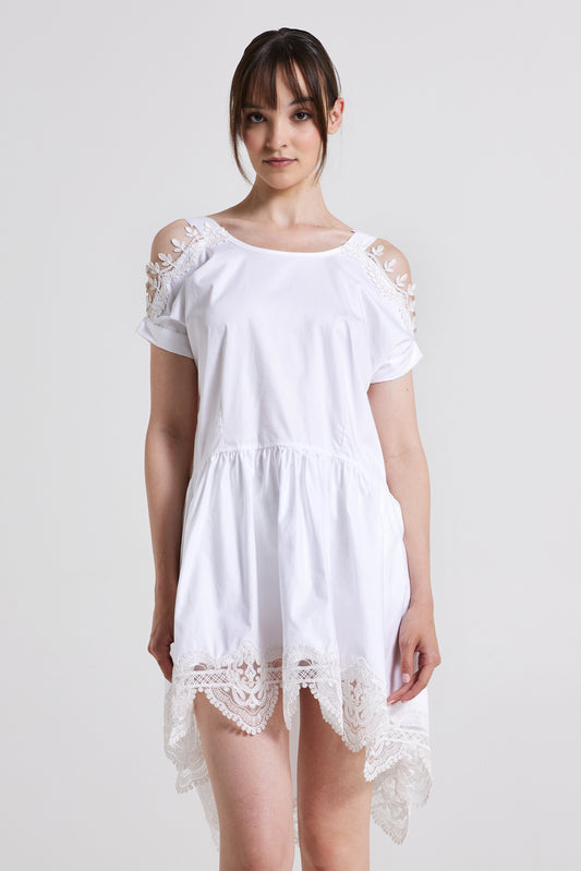 High Low Cotton Dress With Open Back And Sleeves