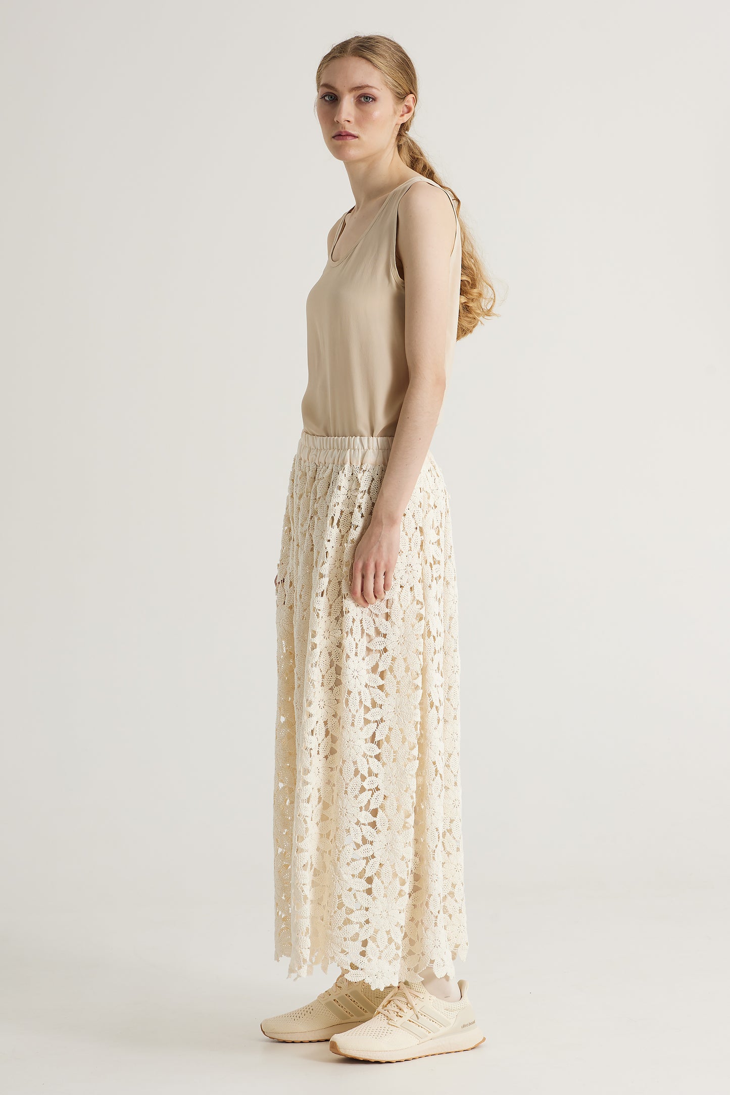 Flower Cotton Lace Long Skirt With Elastic Waistband