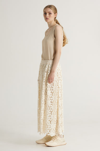 Flower Cotton Lace Long Skirt With Elastic Waistband