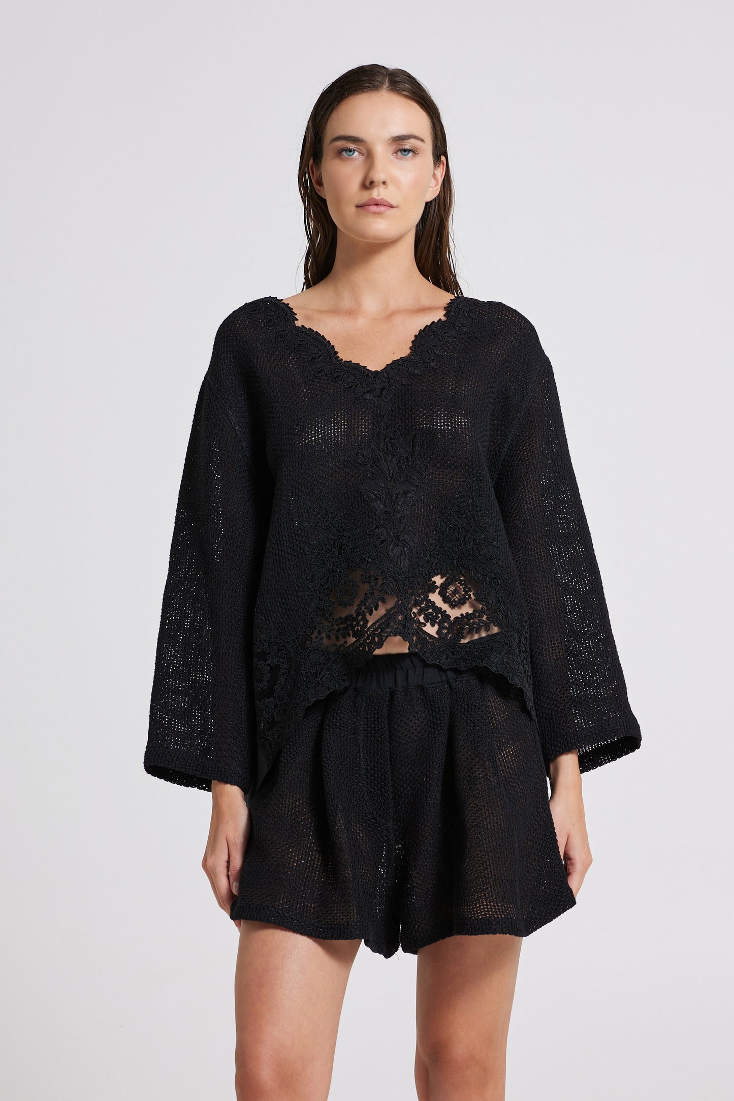 Linen And Cotton Knitwear Blouse With Open Back