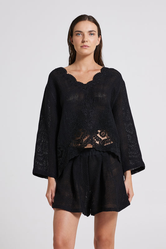 Linen And Cotton Knitwear Blouse With Open Back