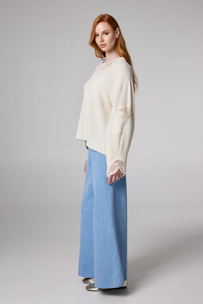 Knitwear Wool Sweater With Slit Cuffs And Lace Details