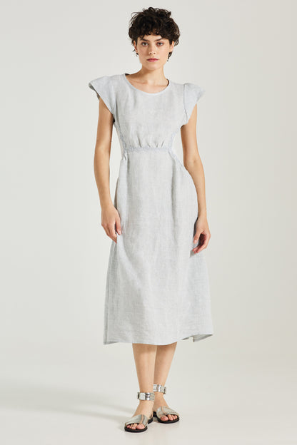 Linen Dress With Elastic Open Back And Waist Lace Details