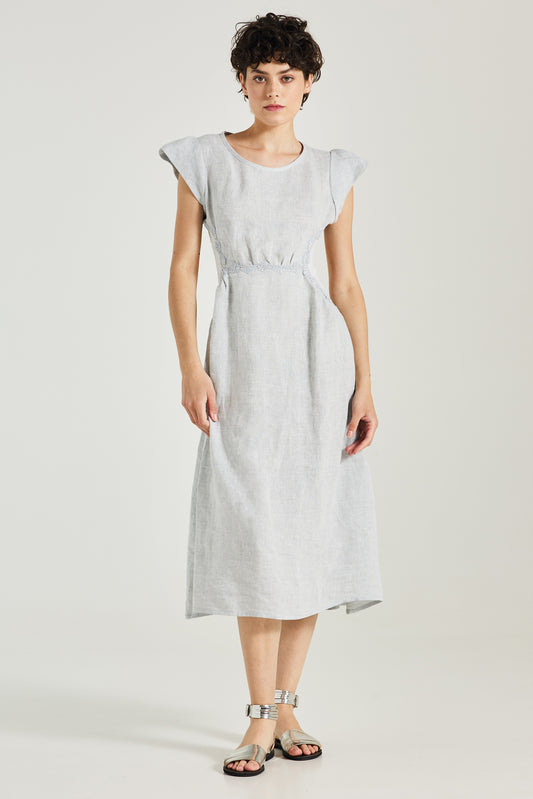Linen Dress With Elastic Open Back And Waist Lace Details