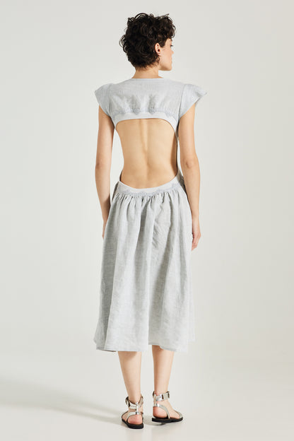Linen Dress With Elastic Open Back And Waist Lace Details
