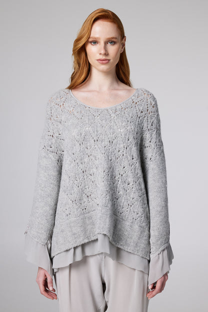 Knitwear Wool Top With Bottom Silk And Raglan Long Sleeves
