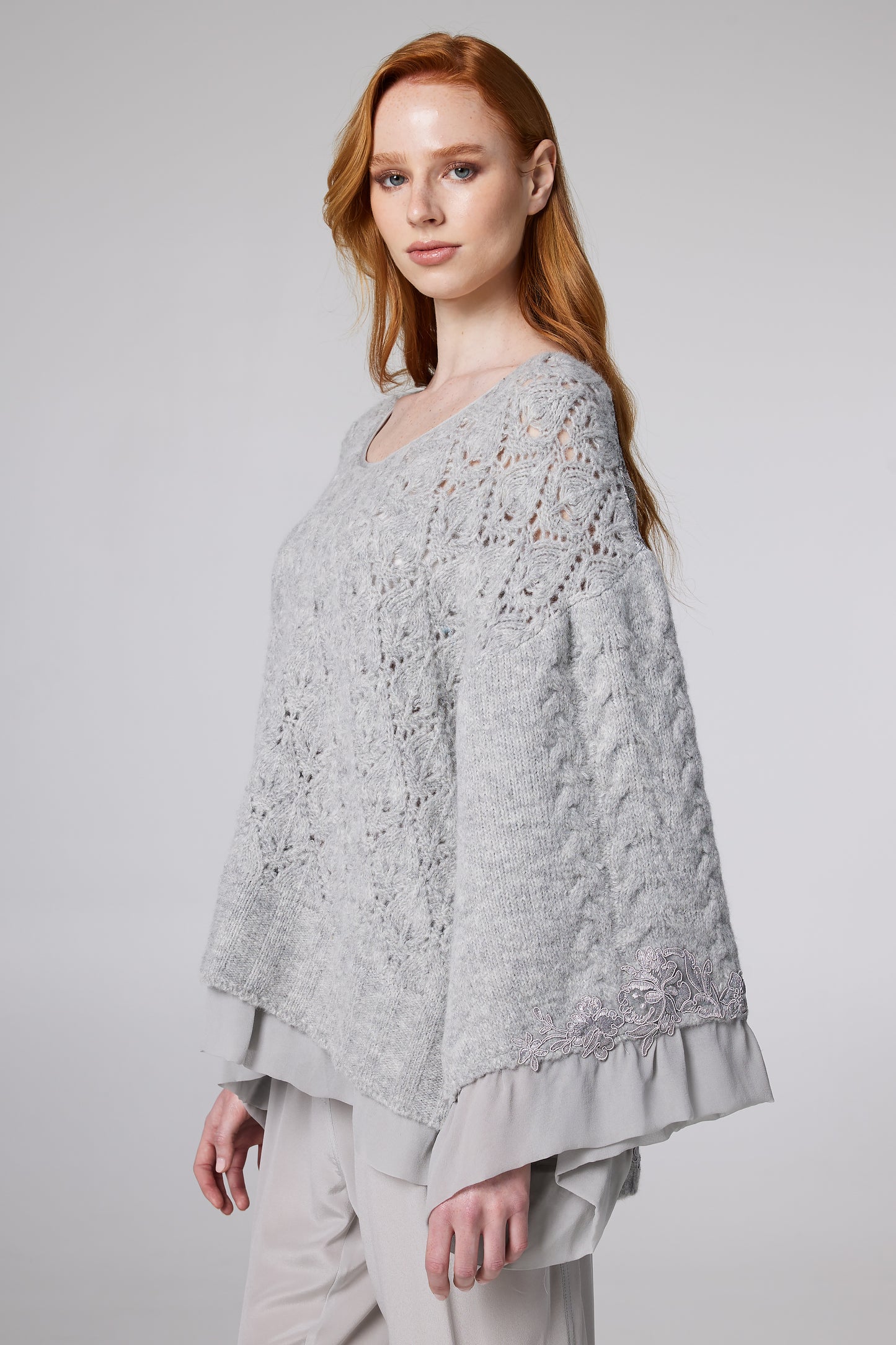 Knitwear Wool Top With Bottom Silk And Raglan Long Sleeves