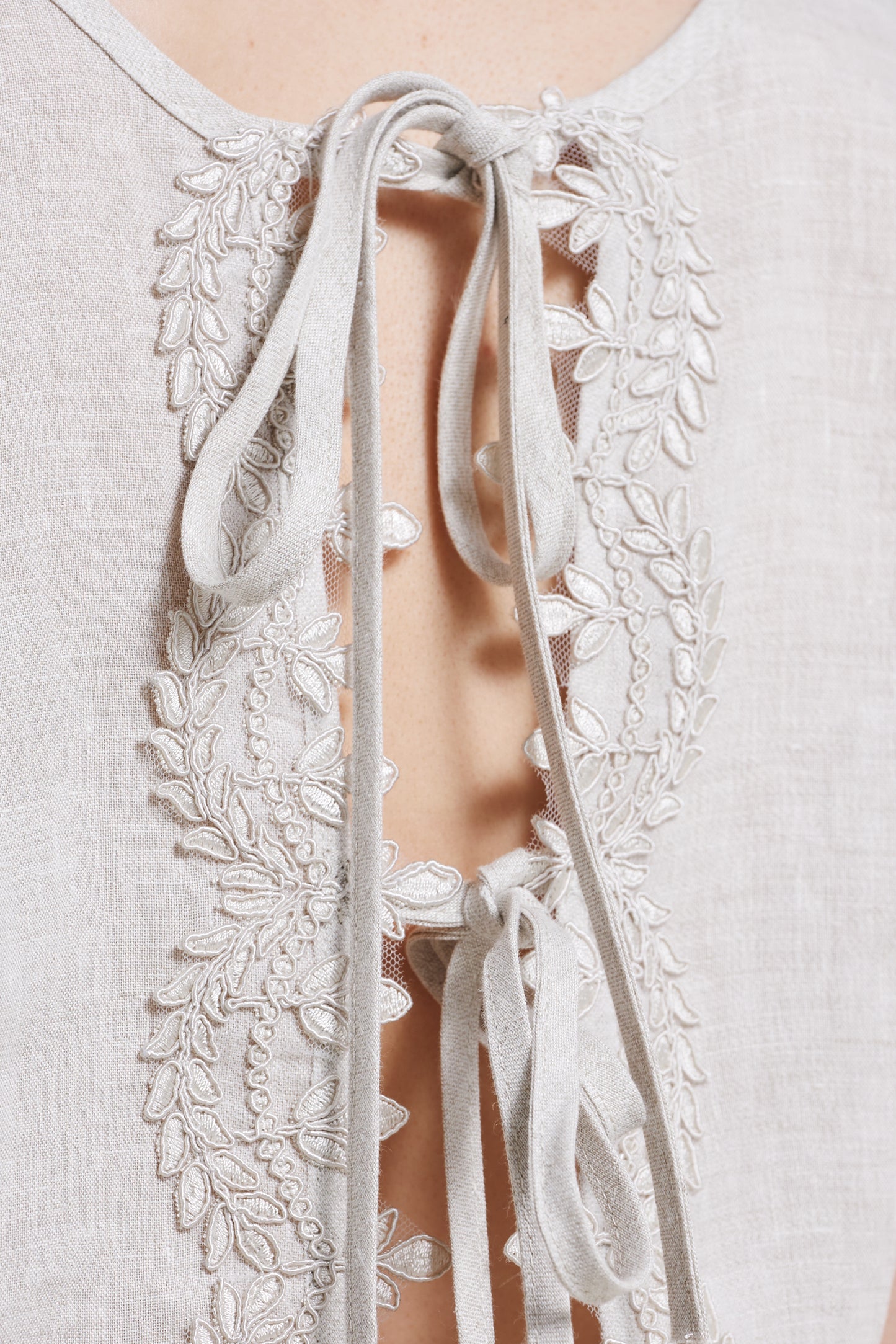 Linen Top With Back Ribbons And Bottom Lace