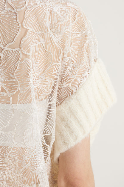 Wool Knitwear Blouse With Short Sleeve And Lace Details