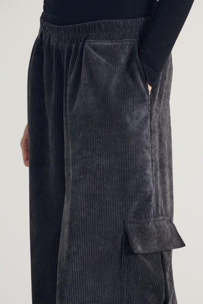 Corduroy Wide Pants With Elastic Waistband And Side Pockets