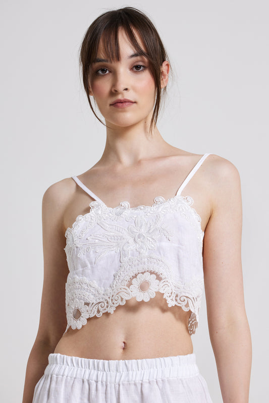 Linen And Lace Top With Crossed Back Ribbon