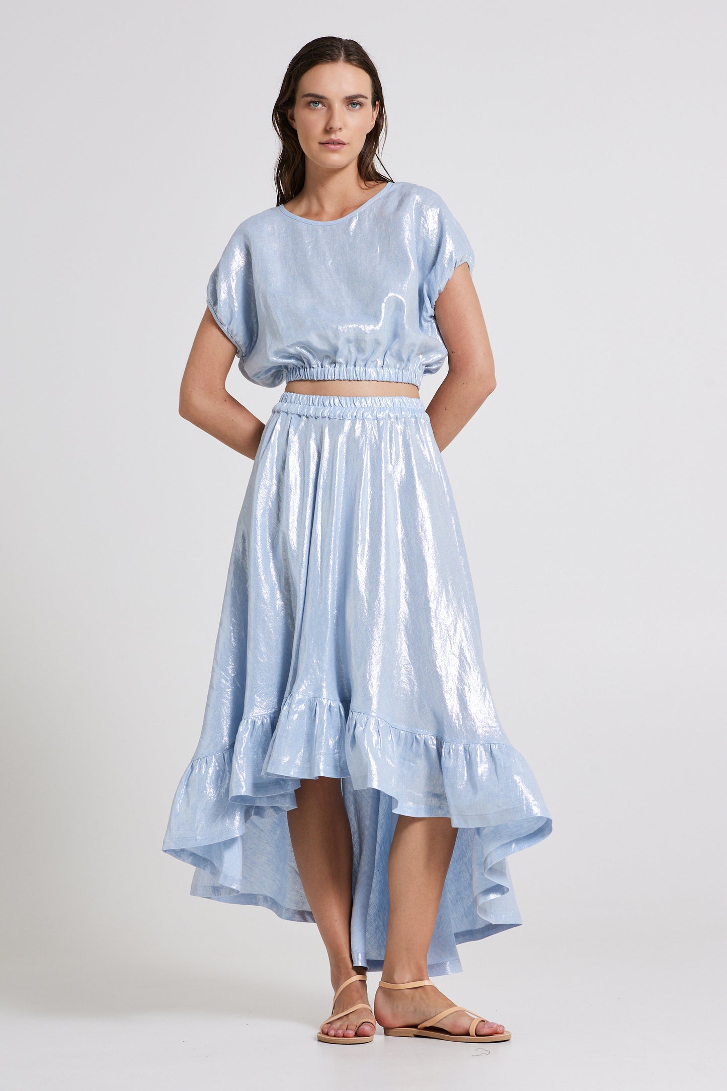 High-Low Linen Skirt With Bottom Ruffles