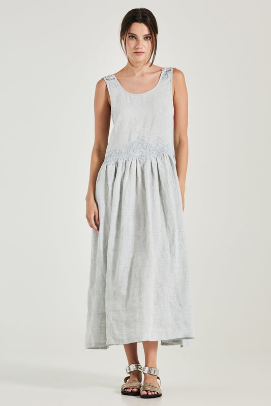 Linen Dress With Lace Strap And Waist Details