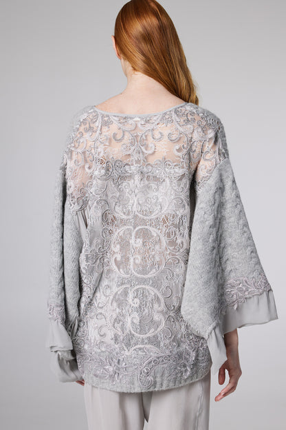 Knitwear Wool Top With Bottom Silk And Raglan Long Sleeves