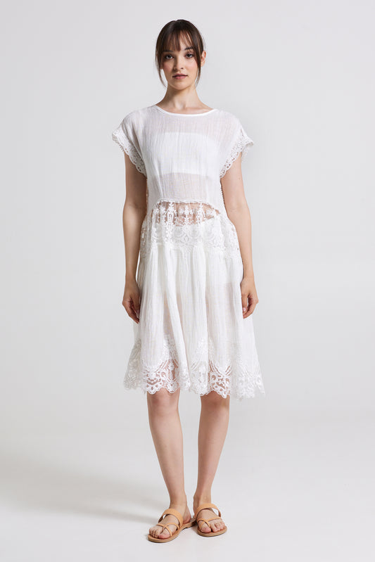 Linen Dress With Waist Lace Details And Open Back