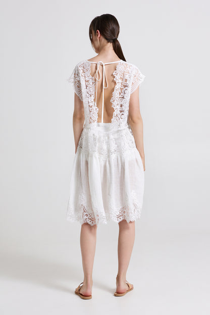 Linen Dress With Waist Lace Details And Open Back