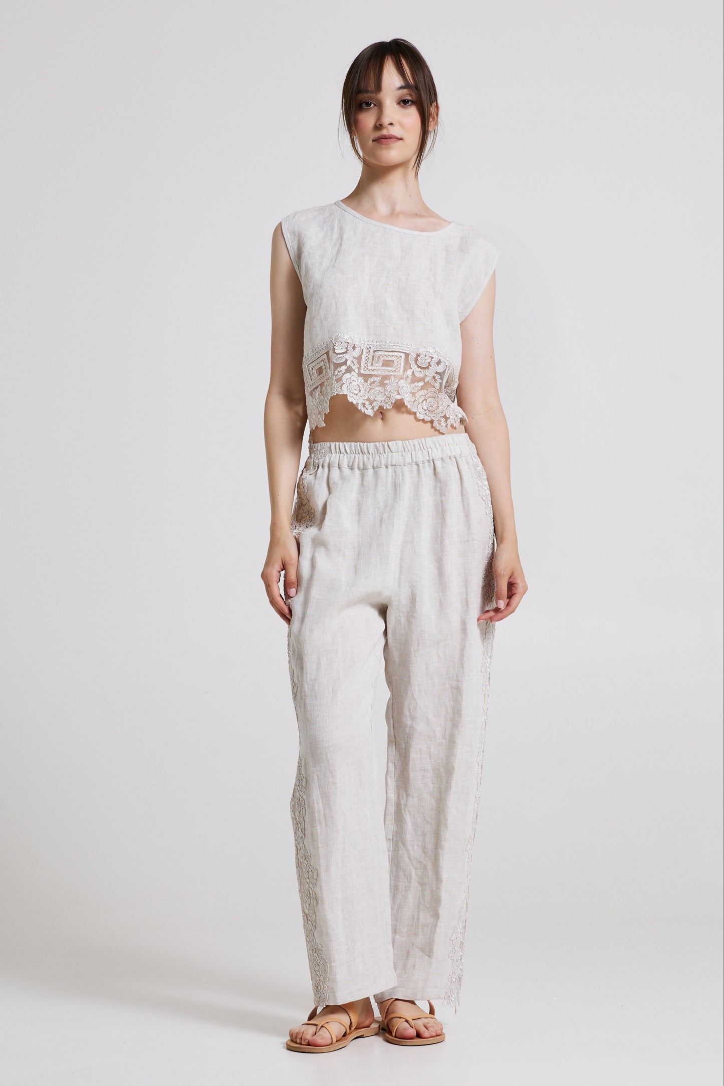 Linen Blouse With Lace Open Back Ribbons