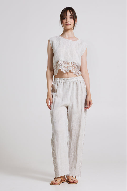 Linen Blouse With Lace Open Back Ribbons