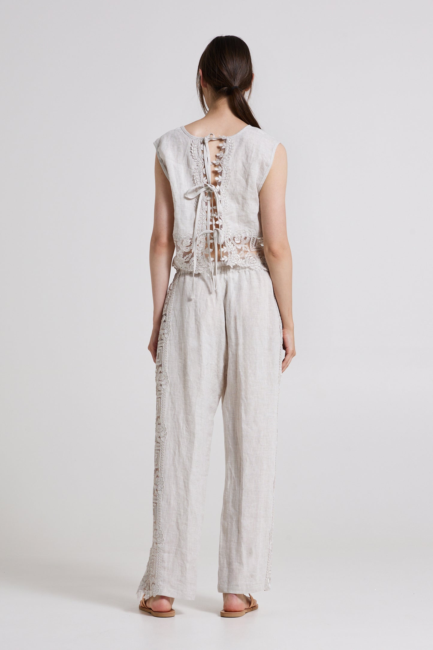 Linen Blouse With Lace Open Back Ribbons