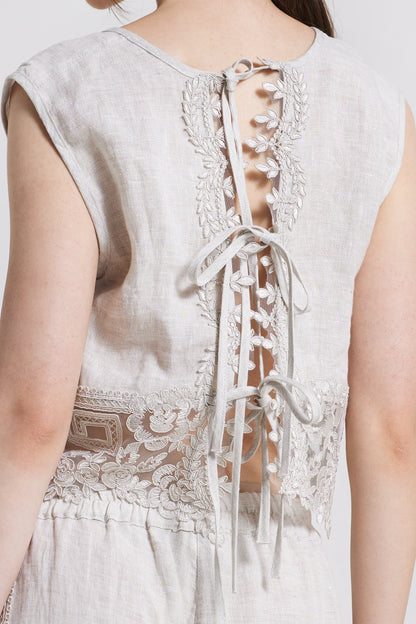 Linen Blouse With Lace Open Back Ribbons
