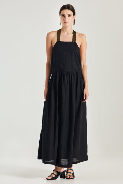 Long Linen Dress With Leather Straps And Back Opening