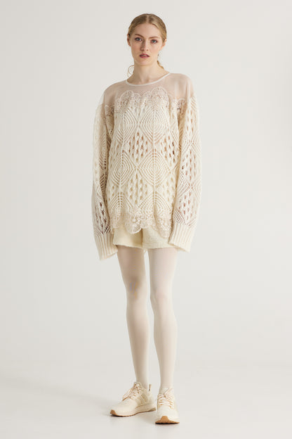 Knitwear Oversize Wool Blouse With Bottom Lace Details