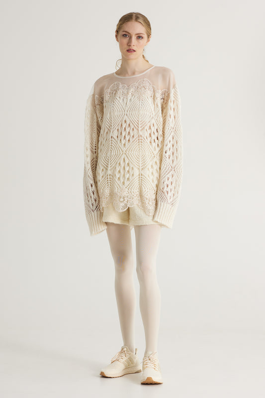 Knitwear Oversize Wool Blouse With Bottom Lace Details