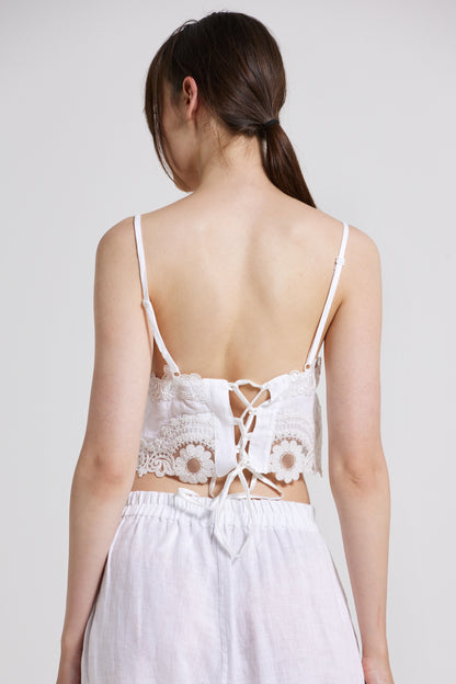 Linen And Lace Top With Crossed Back Ribbon