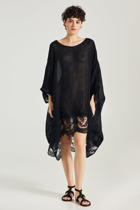 Linen Caftan With Horizontal Openings And Lace Details