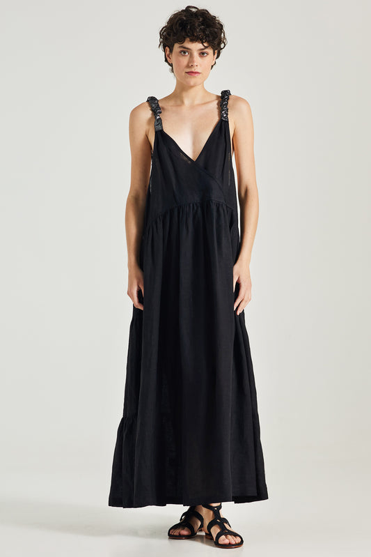 Long Linen Dress With Elastic Leather Straps