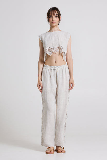 Linen Top With Back Ribbons And Bottom Lace