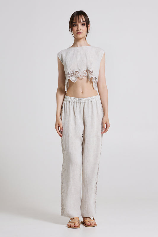 Linen Top With Back Ribbons And Bottom Lace