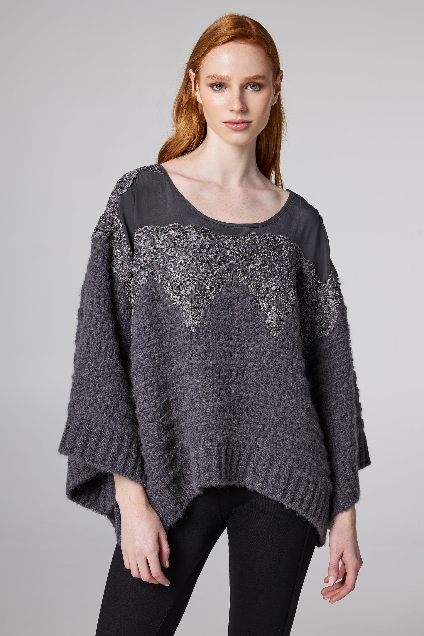 Knitwear Sweater With Top Lace Details And Raglan Sleeves