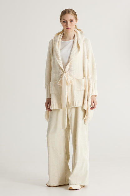 Wool Cardigan With Hood And Ribbon Closure