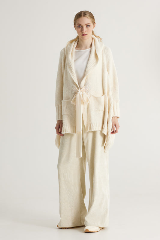 Wool Cardigan With Hood And Ribbon Closure