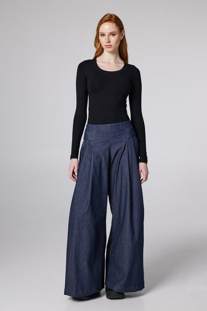Wide Denim Trousers With Pockets And Front Pleats