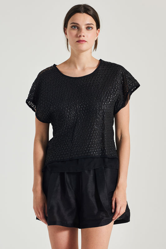 Leather And Linen Blouse With Open Back Ribbons