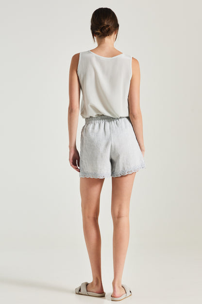 Linen Shorts With Elastic Waistband And Side And Bottom Lace