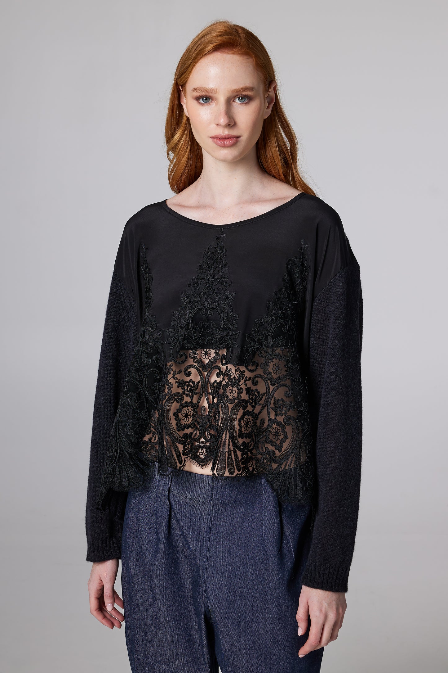 Sheer-Lace Front Sweater