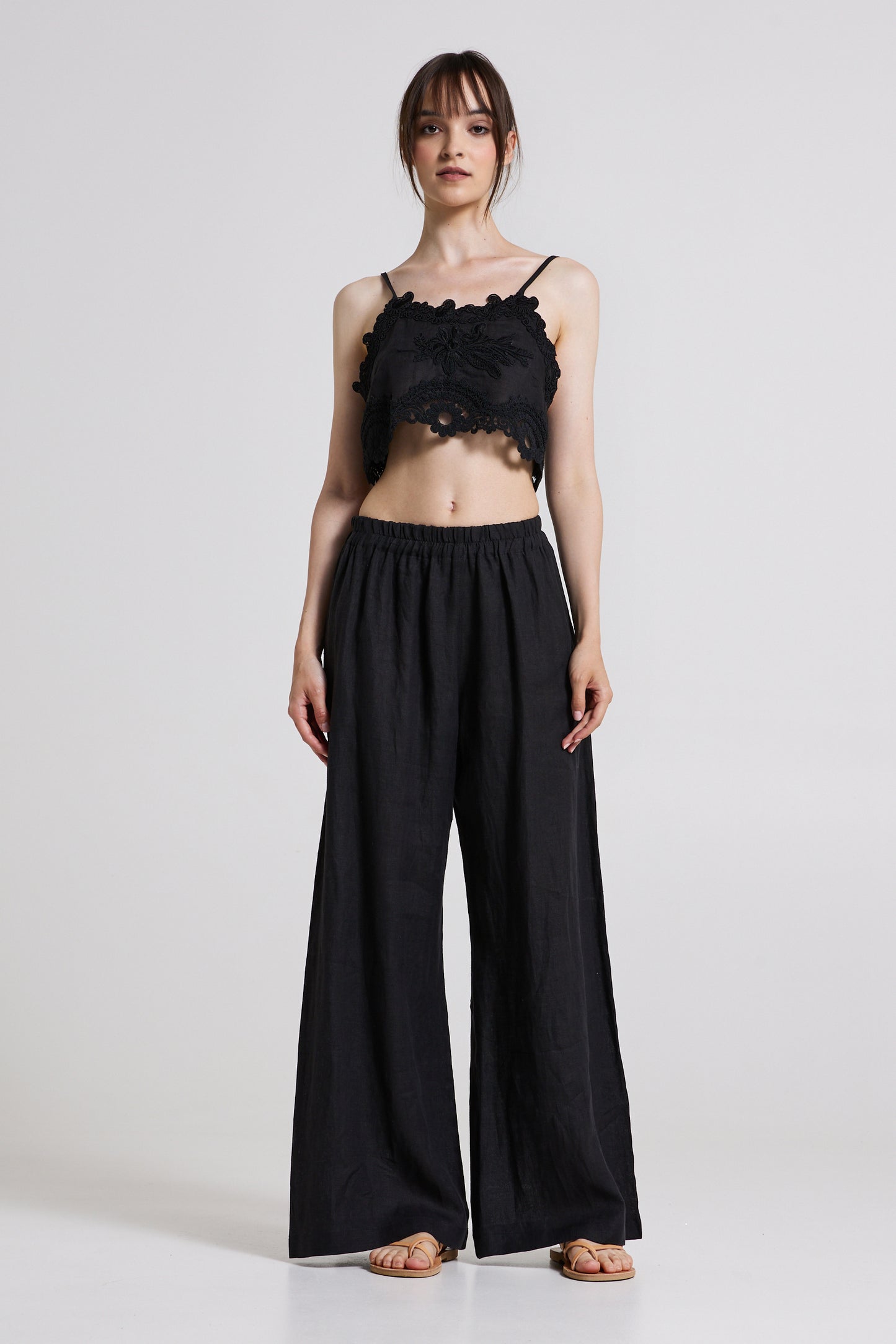 Linen And Lace Top With Crossed Back Ribbon
